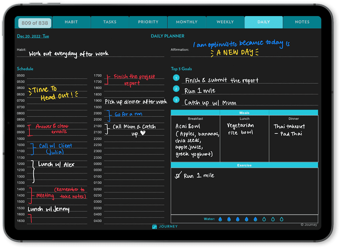 Horario Diario de Journey Digital Planner Tema Oscuro